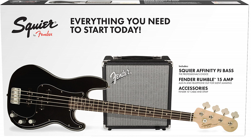 Squier Affinity Series™ Precision Bass® PJ Pack, Laurel Fingerboard, Black, Gig Bag, Rumble 15 - 230V EU в магазине Music-Hummer