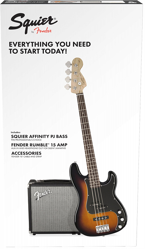 Squier Affinity Series™ Precision Bass® PJ Pack, Laurel Fingerboard, Brown Sunburst, Gig Bag, Rumble 15 - 230V EU в магазине Music-Hummer